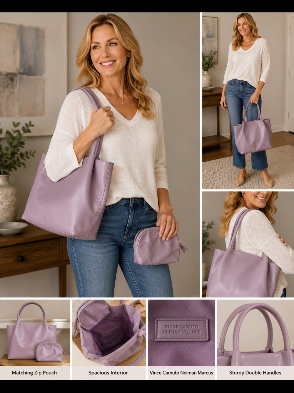 Vince CamupoNeiman Marcus Lavender Tote Bag with matching zip pouchMedium size - Picture 1 of 10